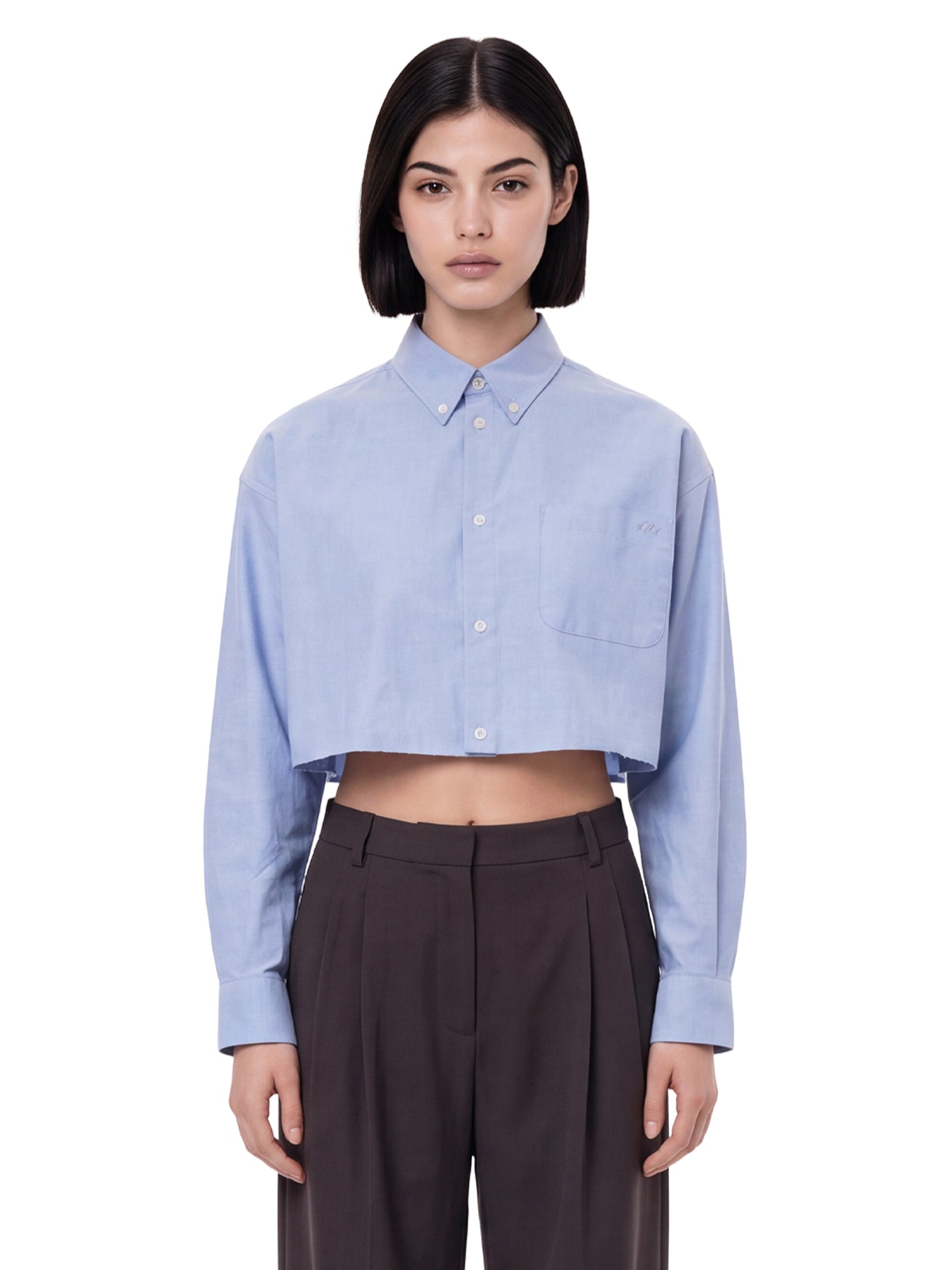 Camicia crop con logo in celeste 
