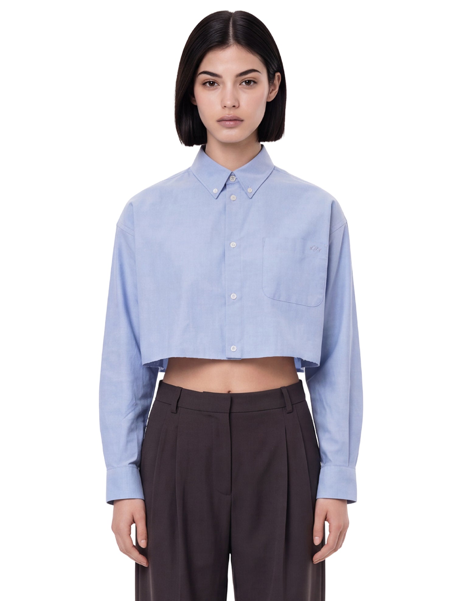 Camicia crop con logo in celeste 
