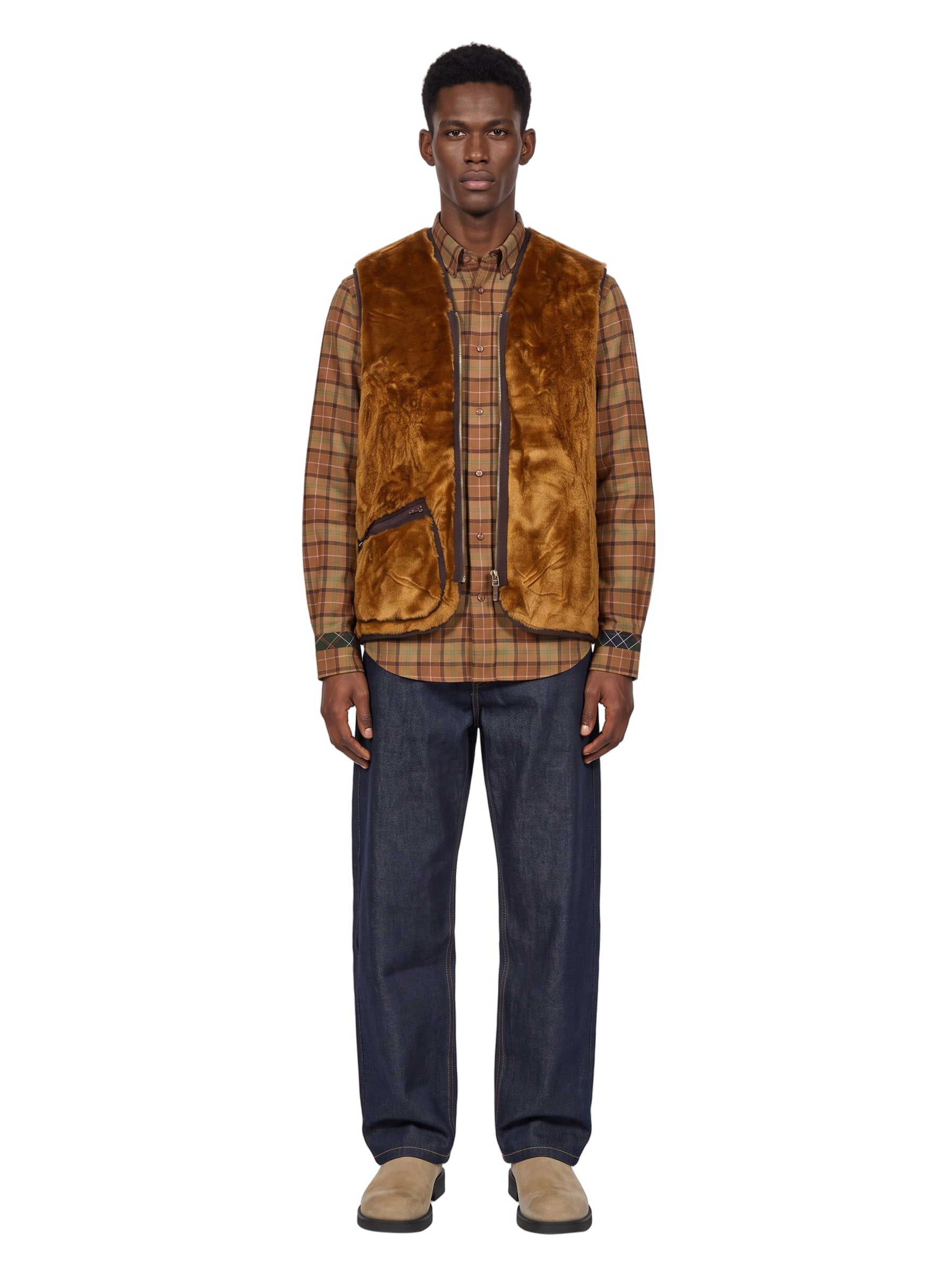 Gilet in pile caldo con zip marrone 