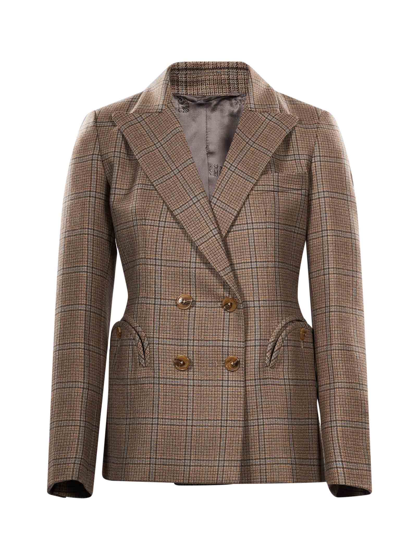 Blazer doppiopetto a quadri in marrone 