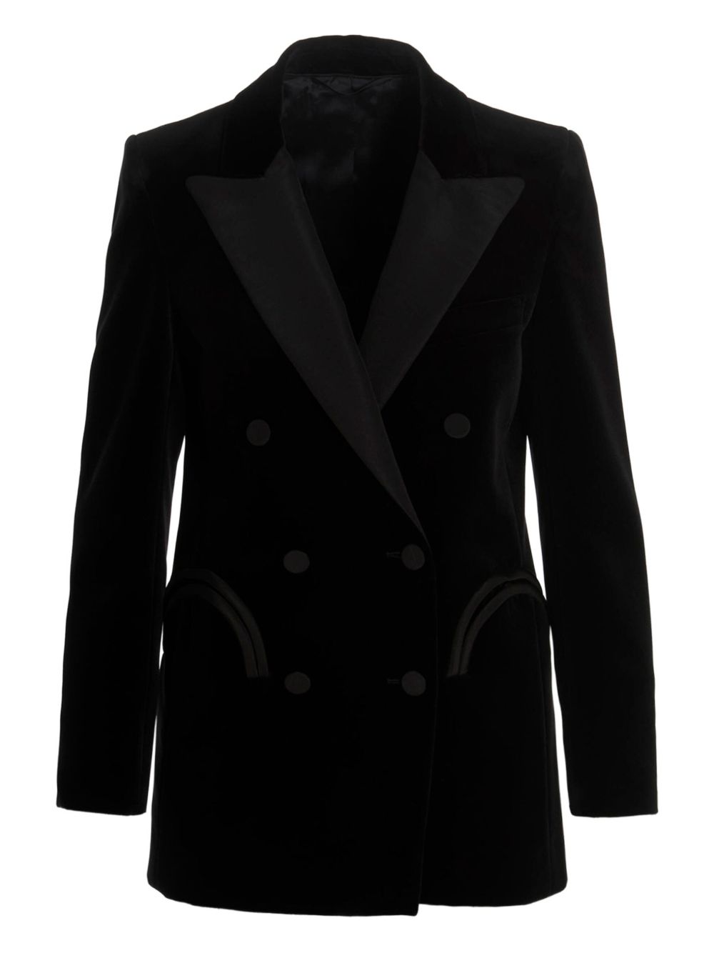 Blazer doppiopetto nero in velluto con profili in seta in nero 