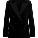 Blazer doppiopetto nero in velluto con profili in seta in nero 