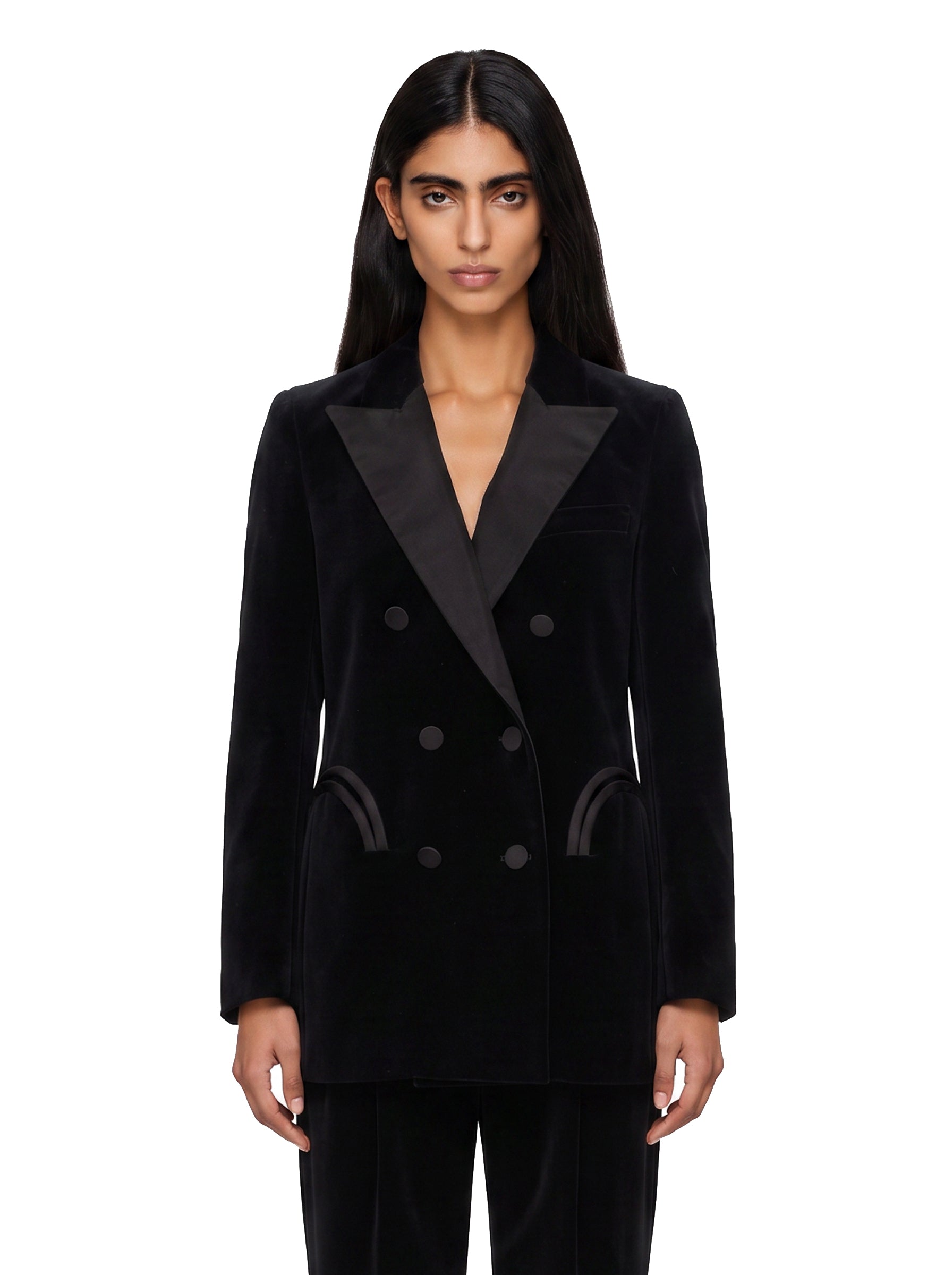 Blazer doppiopetto nero in velluto con profili in seta in nero 