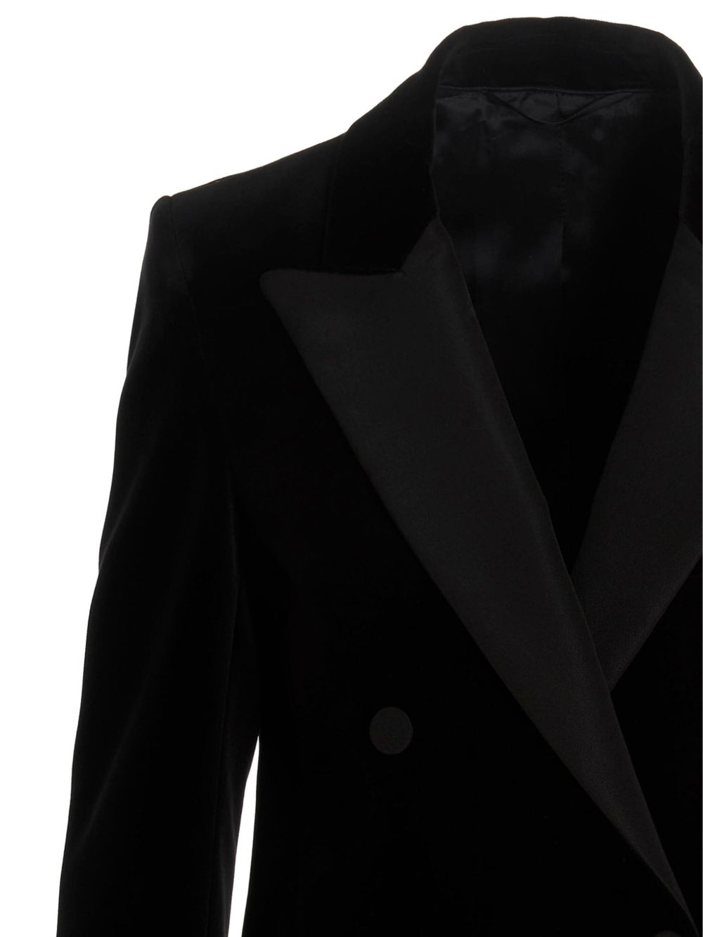 Blazer doppiopetto nero in velluto con profili in seta in nero 