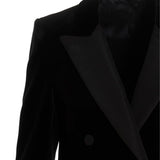 Blazer doppiopetto nero in velluto con profili in seta in nero 