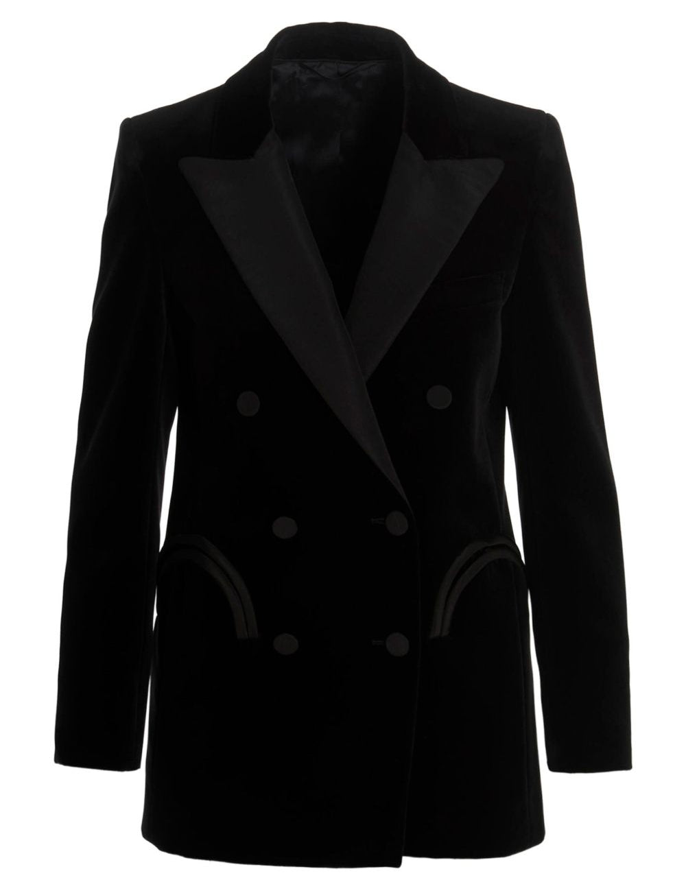 Blazer doppiopetto nero in velluto con profili in seta in nero 