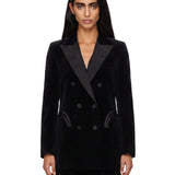 Blazer doppiopetto nero in velluto con profili in seta in nero 