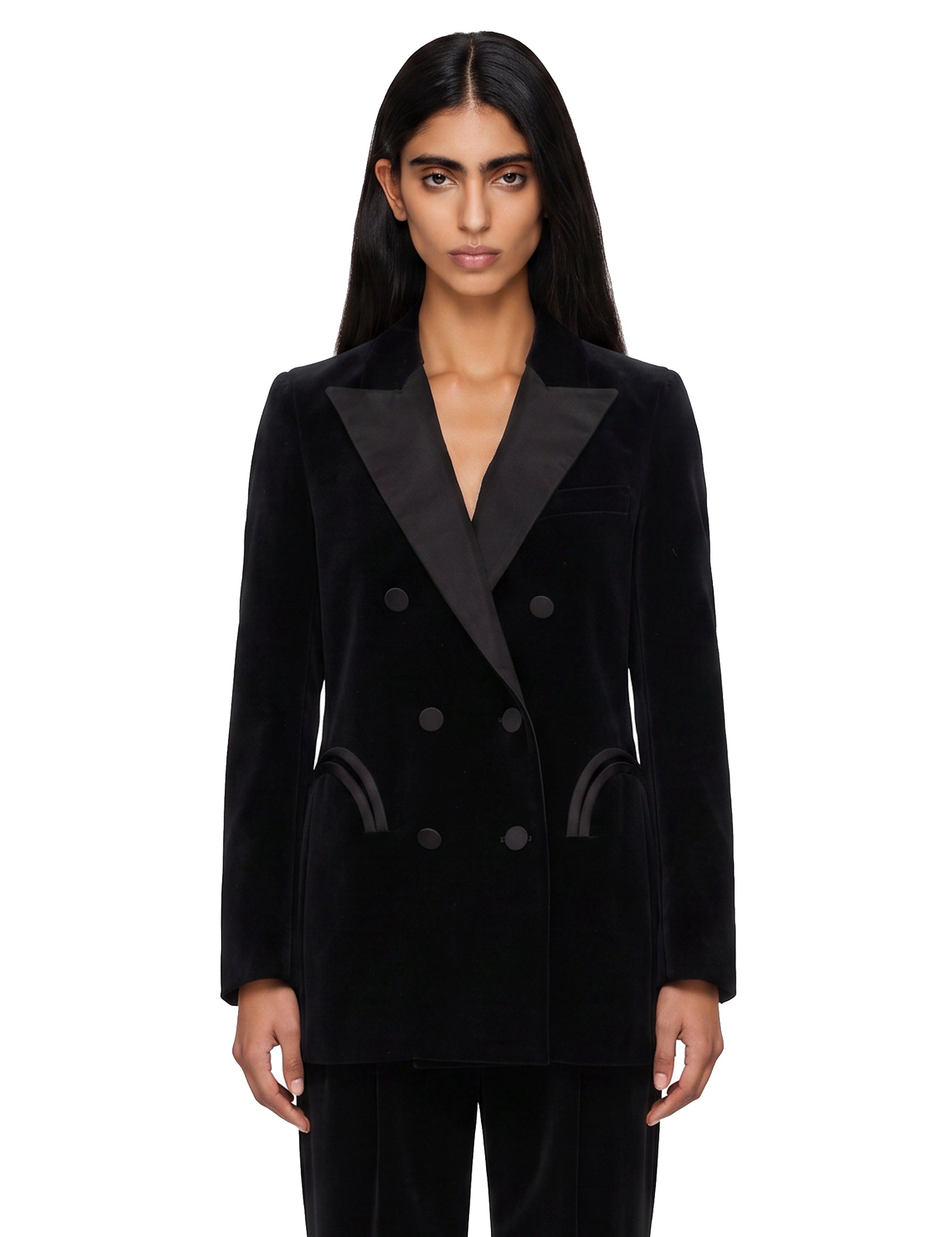 Blazer doppiopetto nero in velluto con profili in seta in nero 
