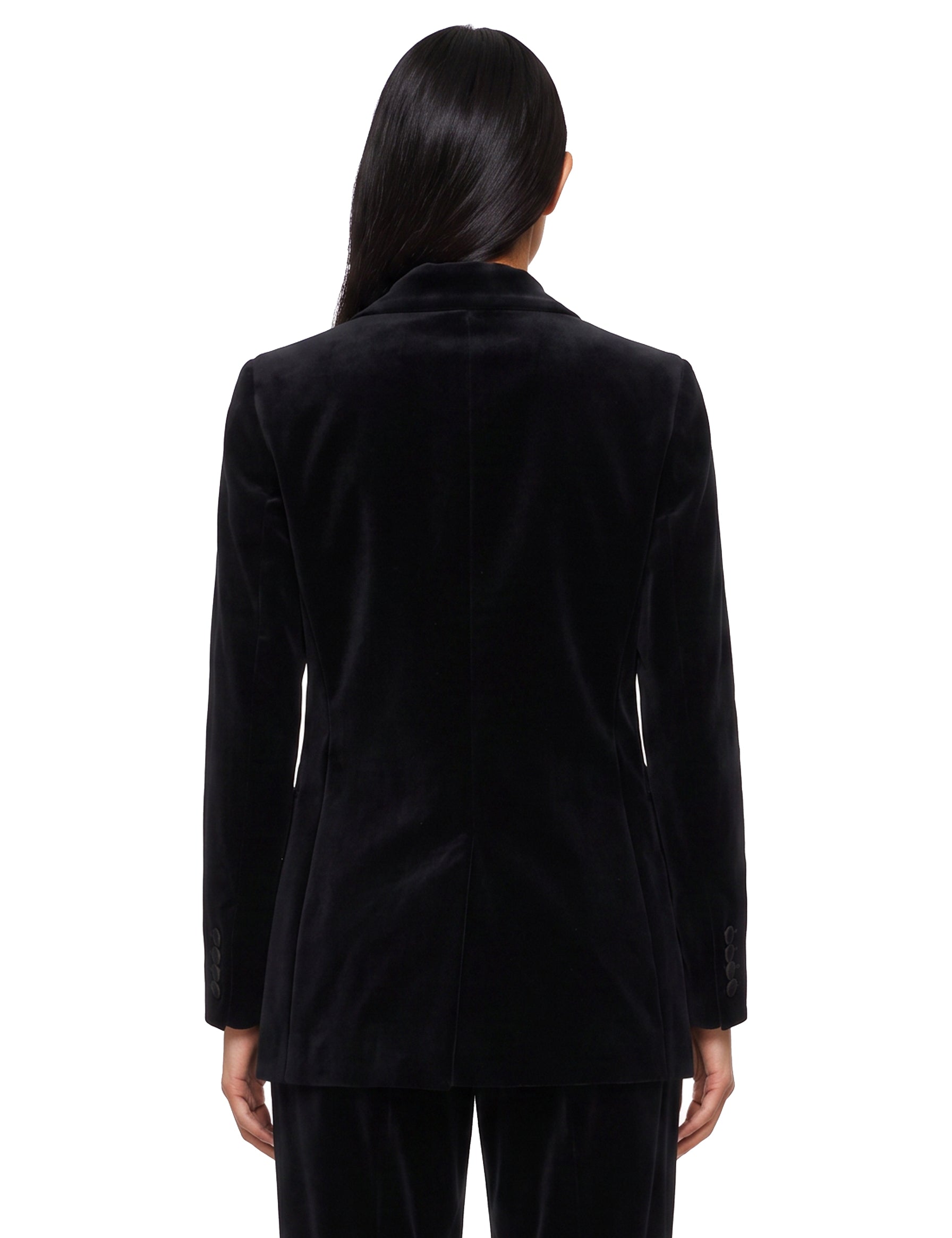 Blazer doppiopetto nero in velluto con profili in seta in nero 