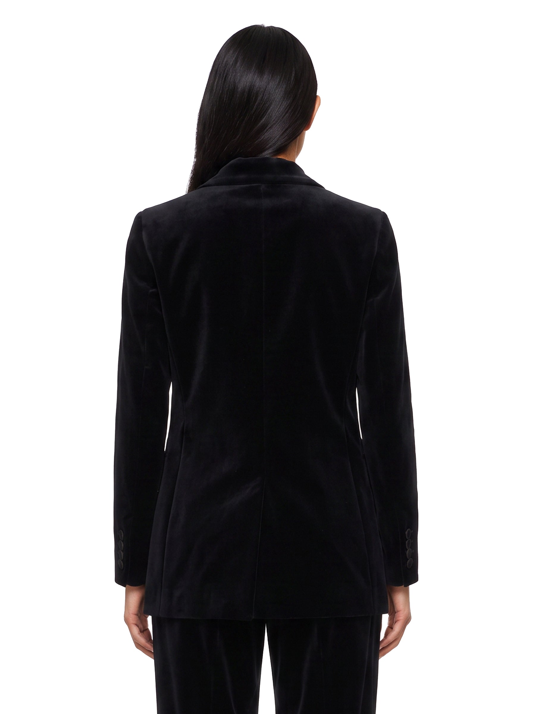 Blazer doppiopetto nero in velluto con profili in seta in nero 