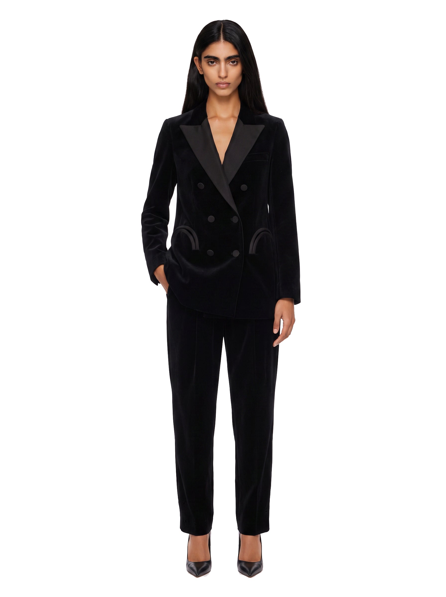 Blazer doppiopetto nero in velluto con profili in seta in nero 