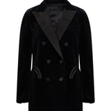 Blazer doppiopetto nero in velluto con profili in seta in nero 