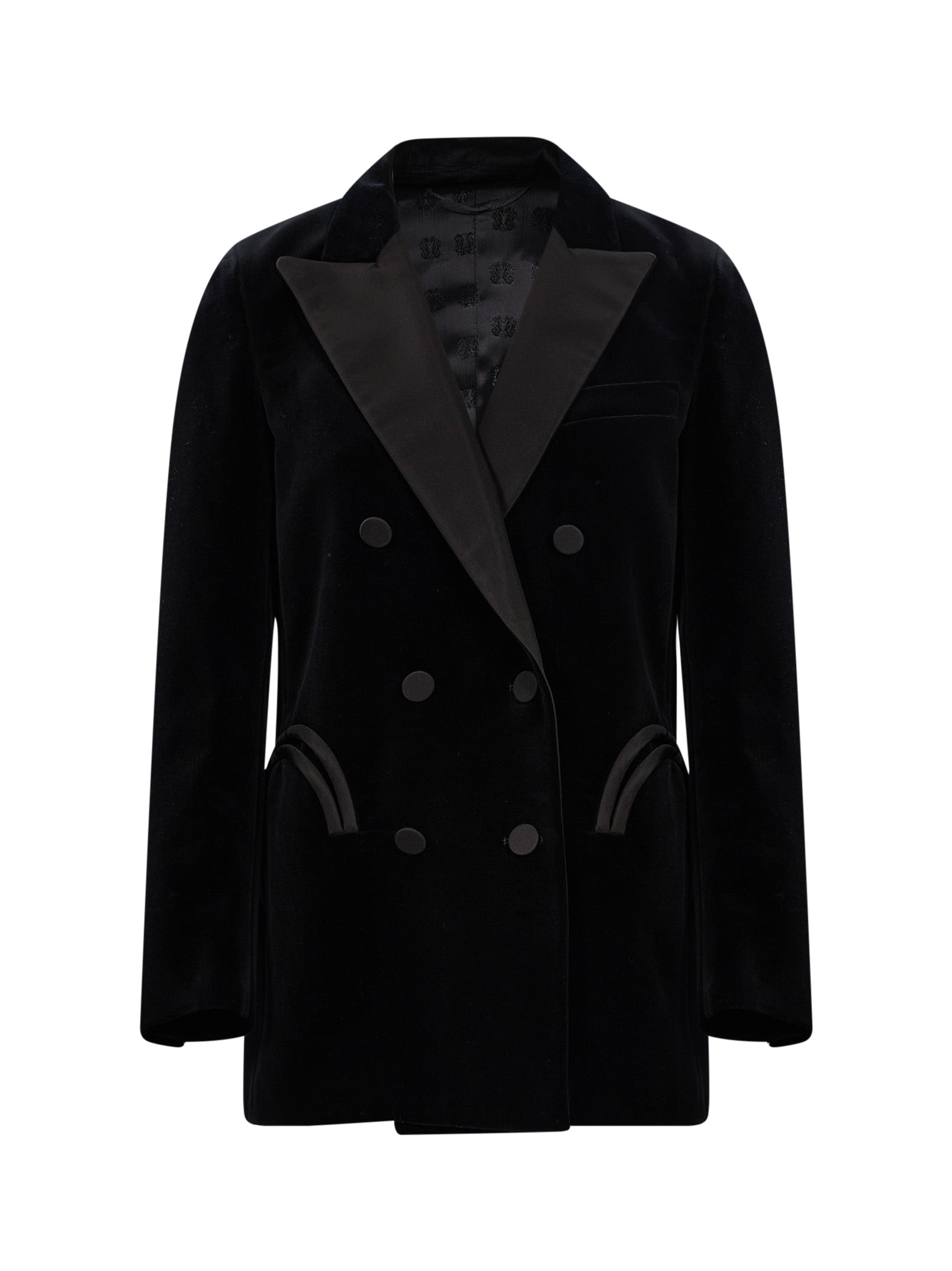 Blazer doppiopetto nero in velluto con profili in seta in nero 