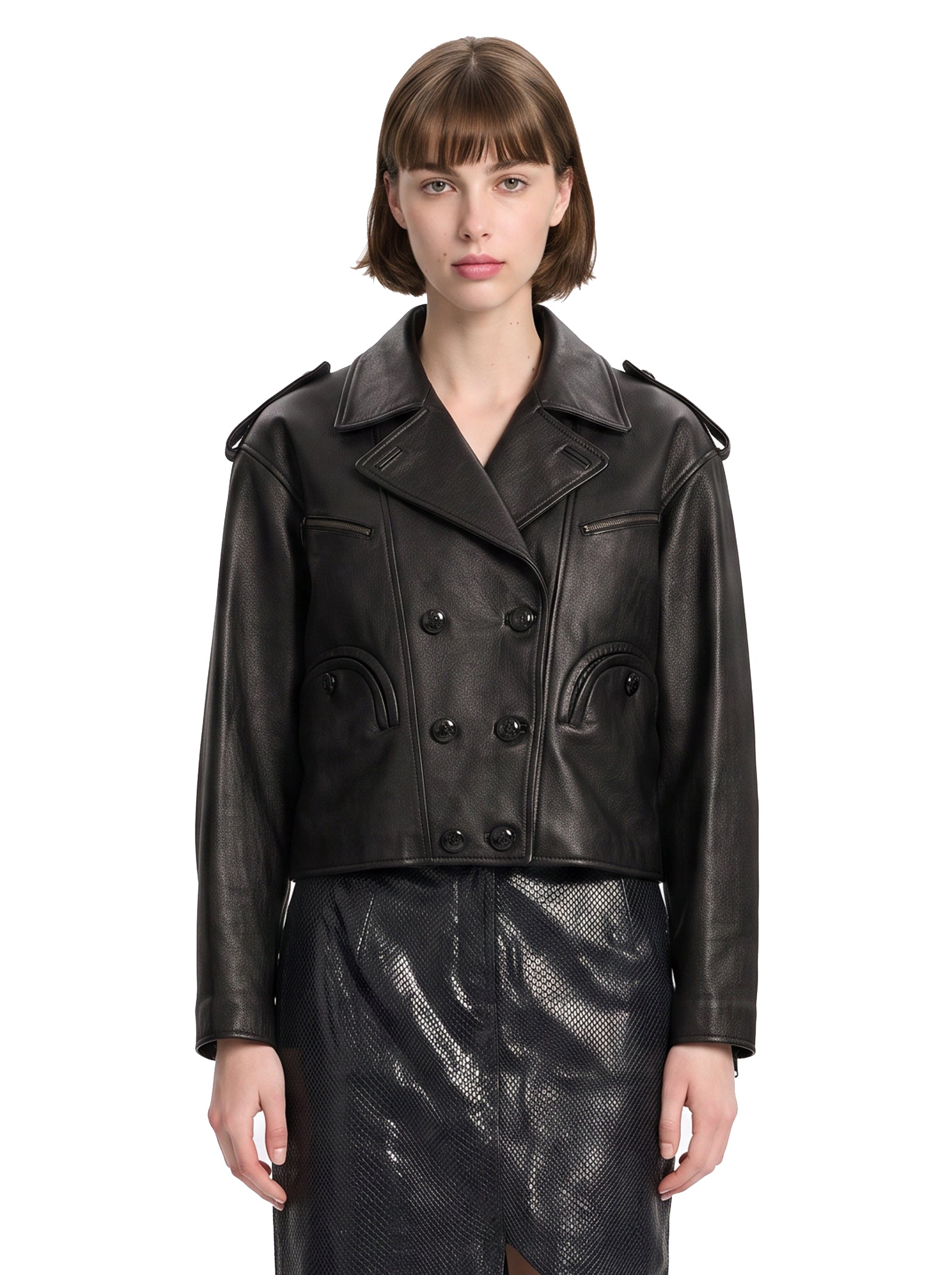 Giacca doppiopetto in pelle in nero 