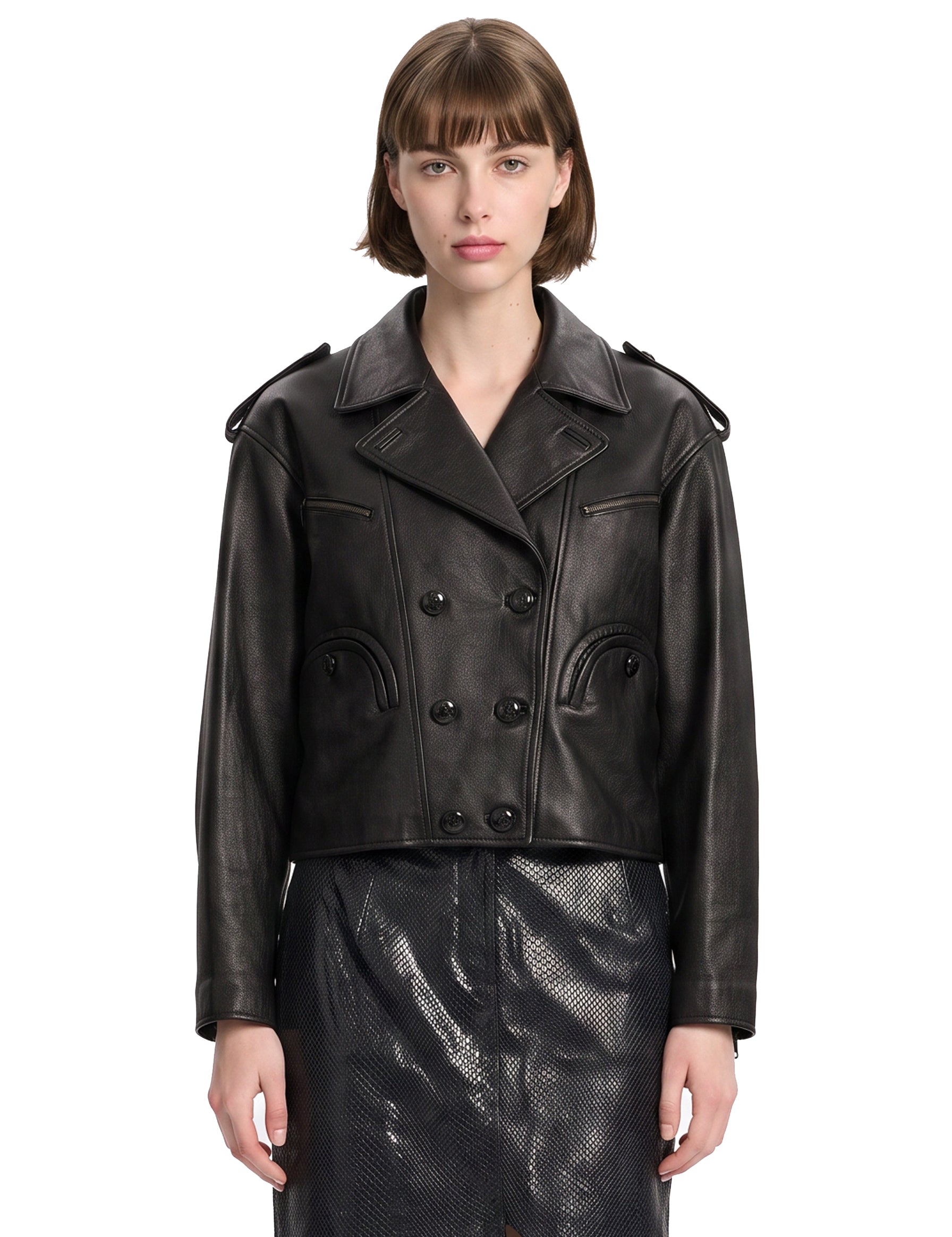 Giacca doppiopetto in pelle in nero 
