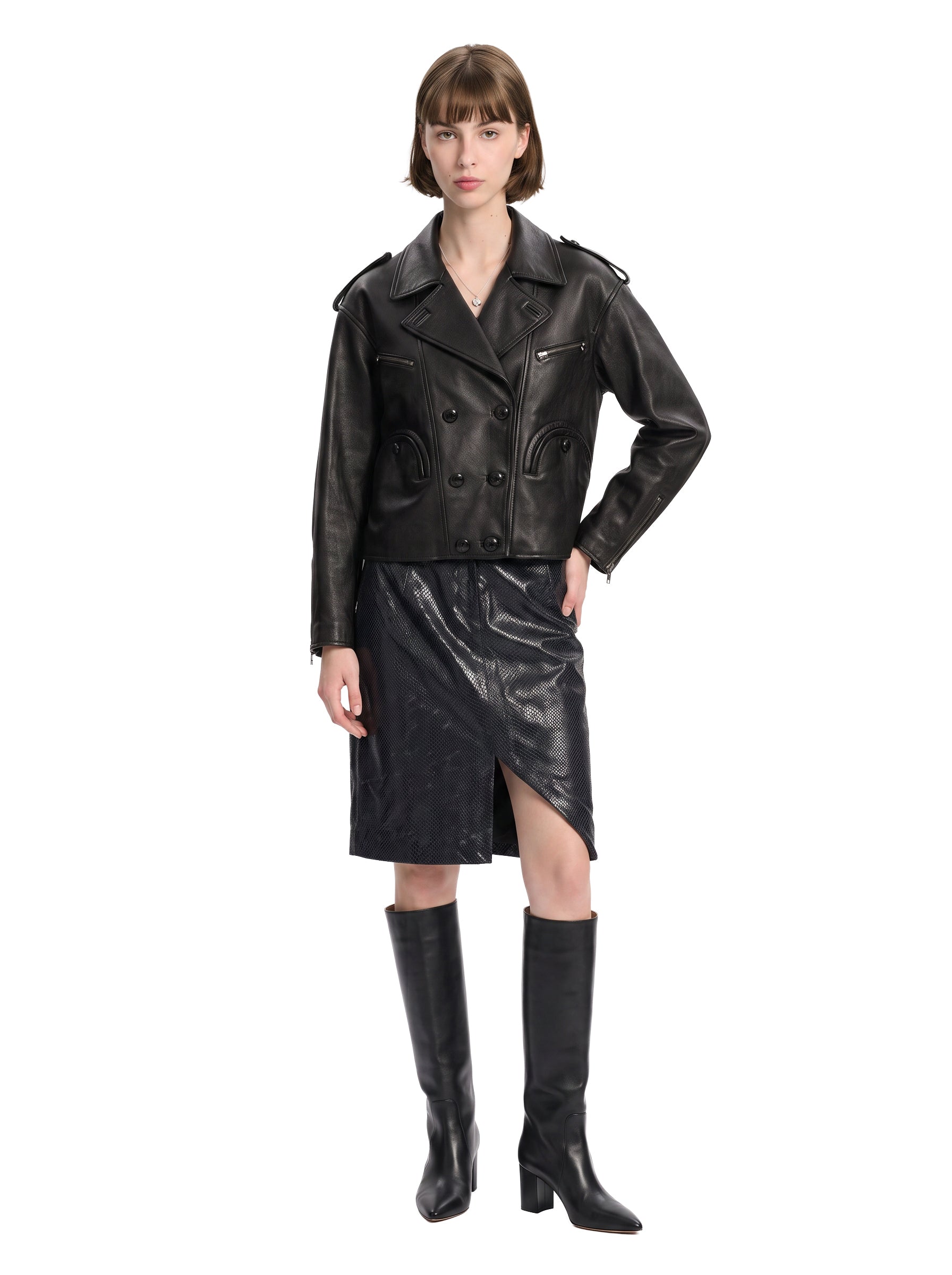 Giacca doppiopetto in pelle in nero 