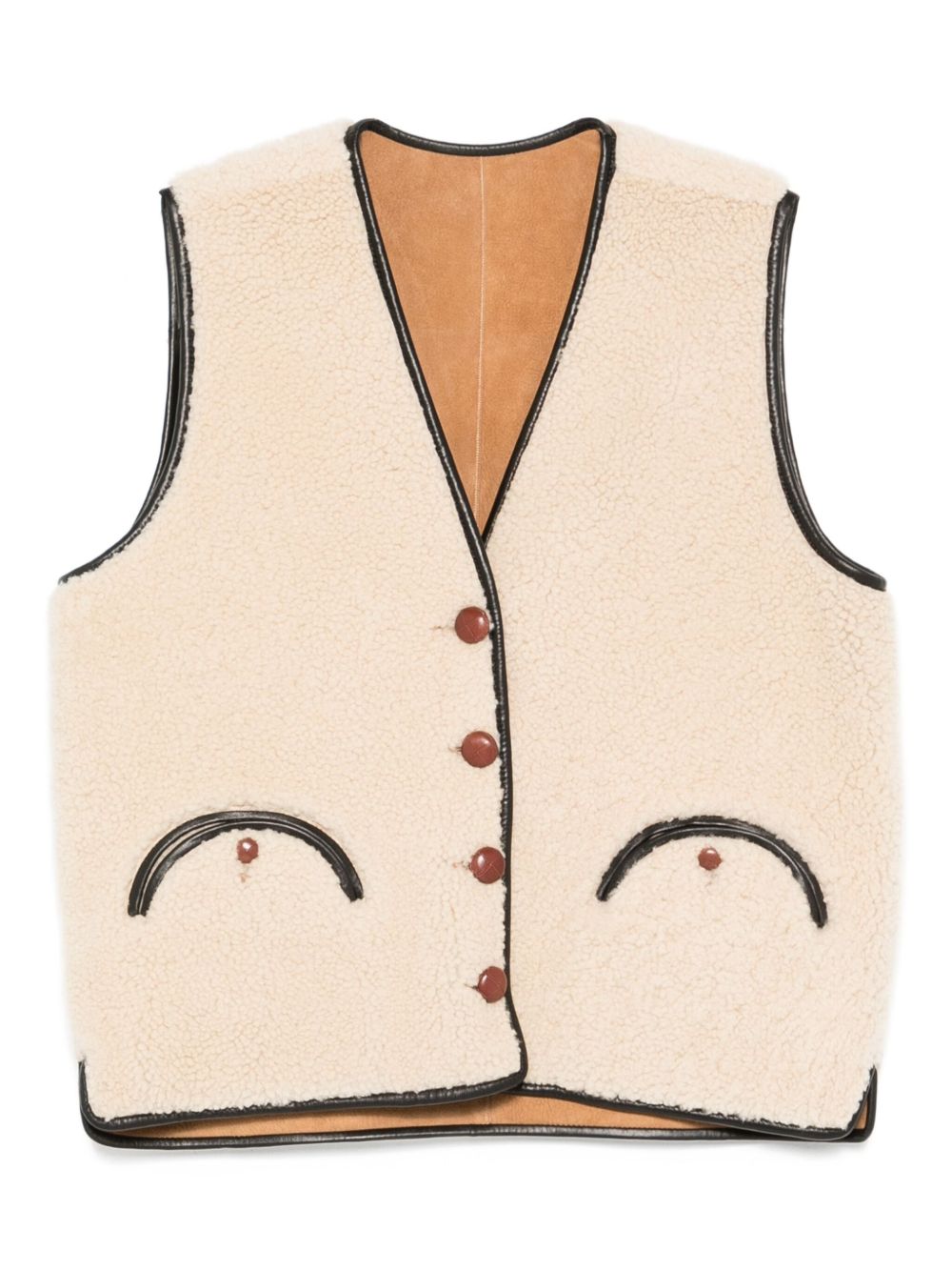 Gilet in shearling con profili in pelle in beige 