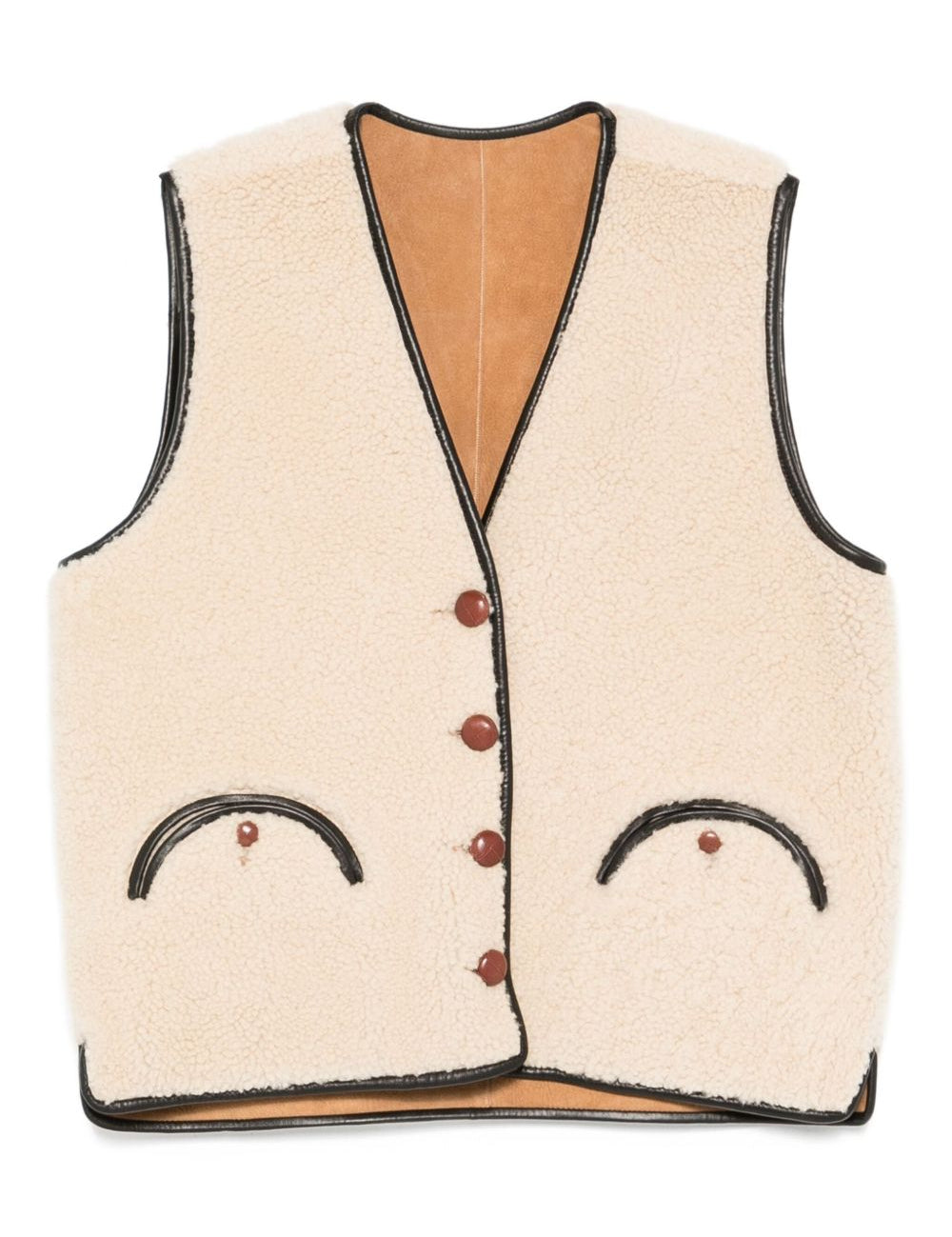 Gilet in shearling con profili in pelle in beige 