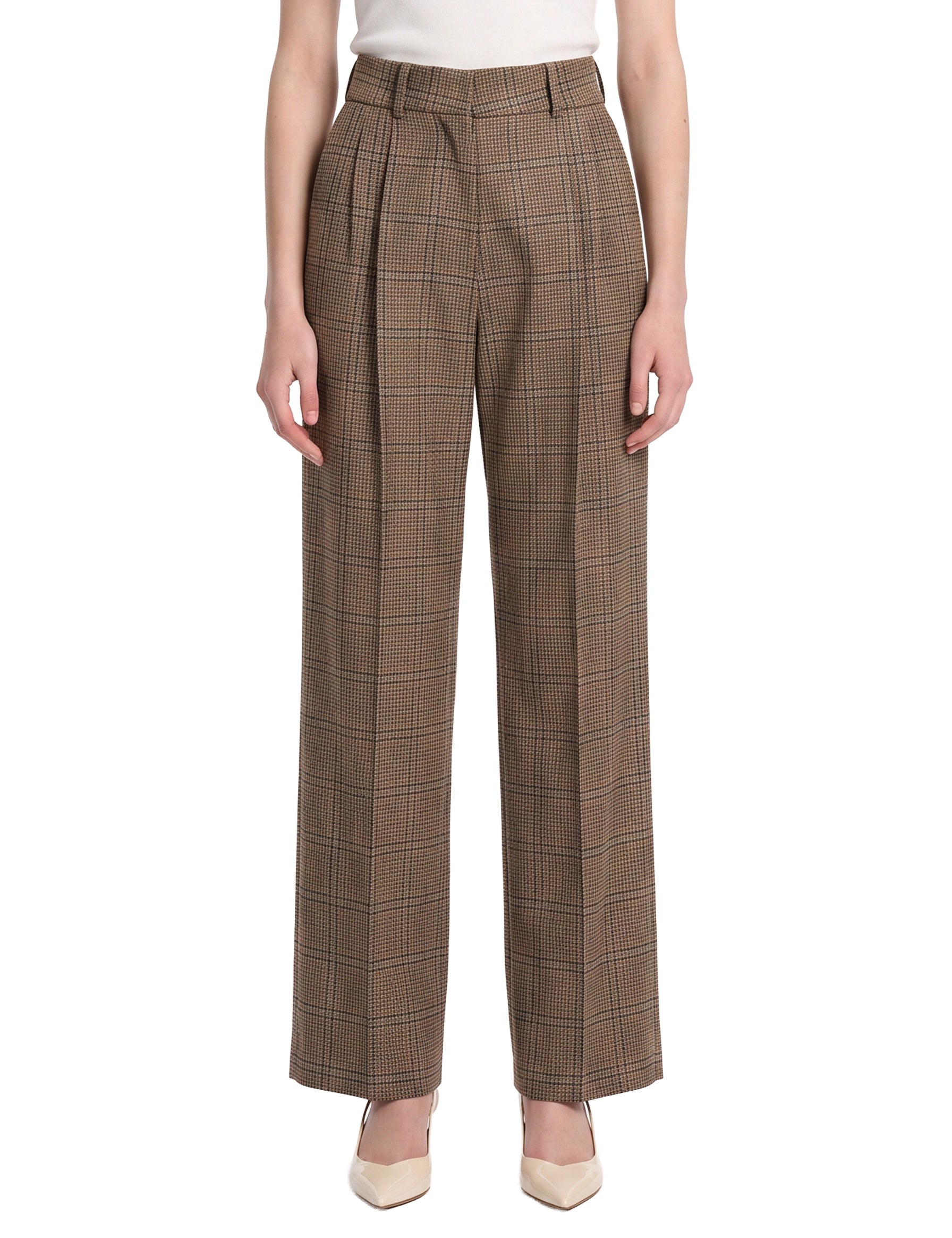 Pantaloni a vita alta a quadri in marrone 