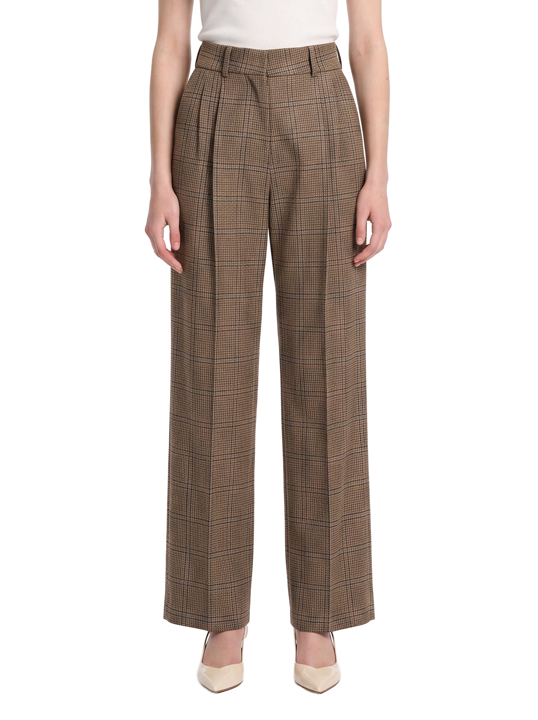 Pantaloni a vita alta a quadri in marrone 