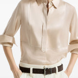 Camicia in raso elasticizzato di seta con motivo Monili in beige 