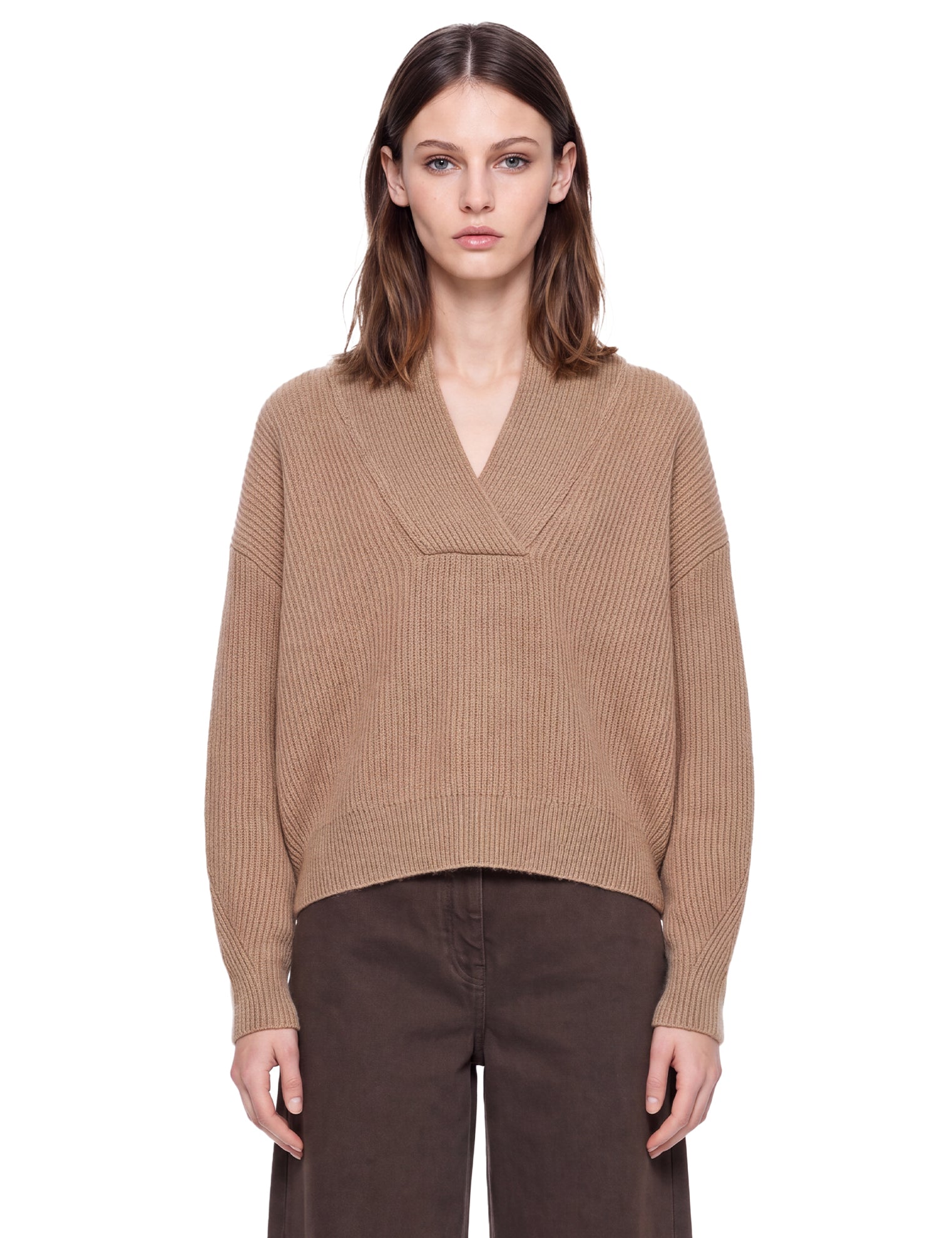 Maglione in cashmere a coste in beige 