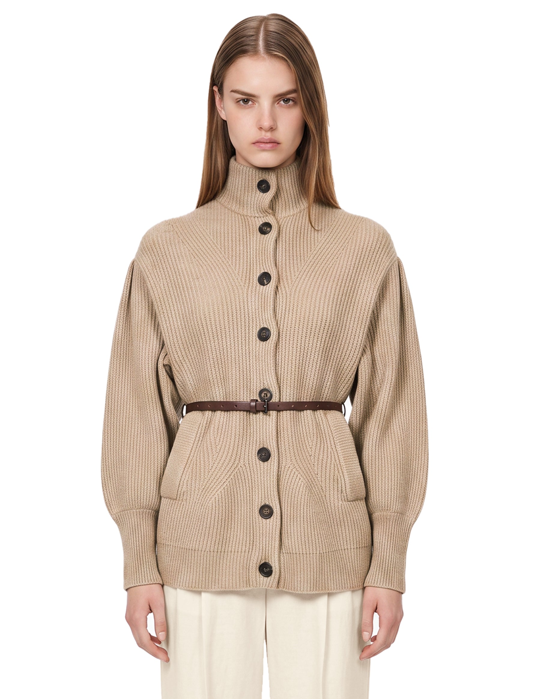Cardigan a coste con cintura in beige 
