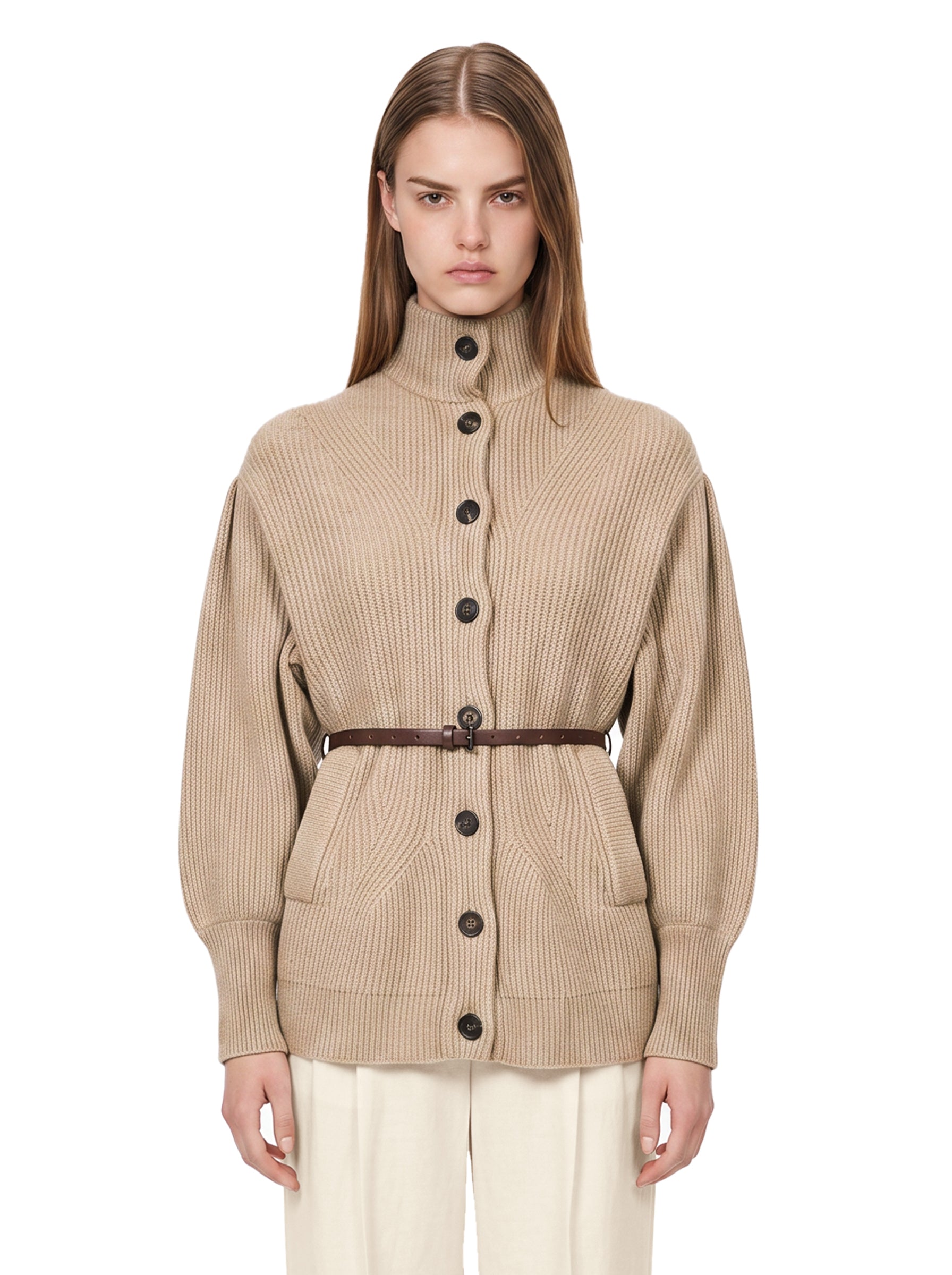 Cardigan a coste con cintura in beige 