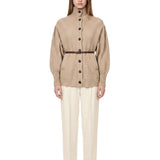 Cardigan a coste con cintura in beige 