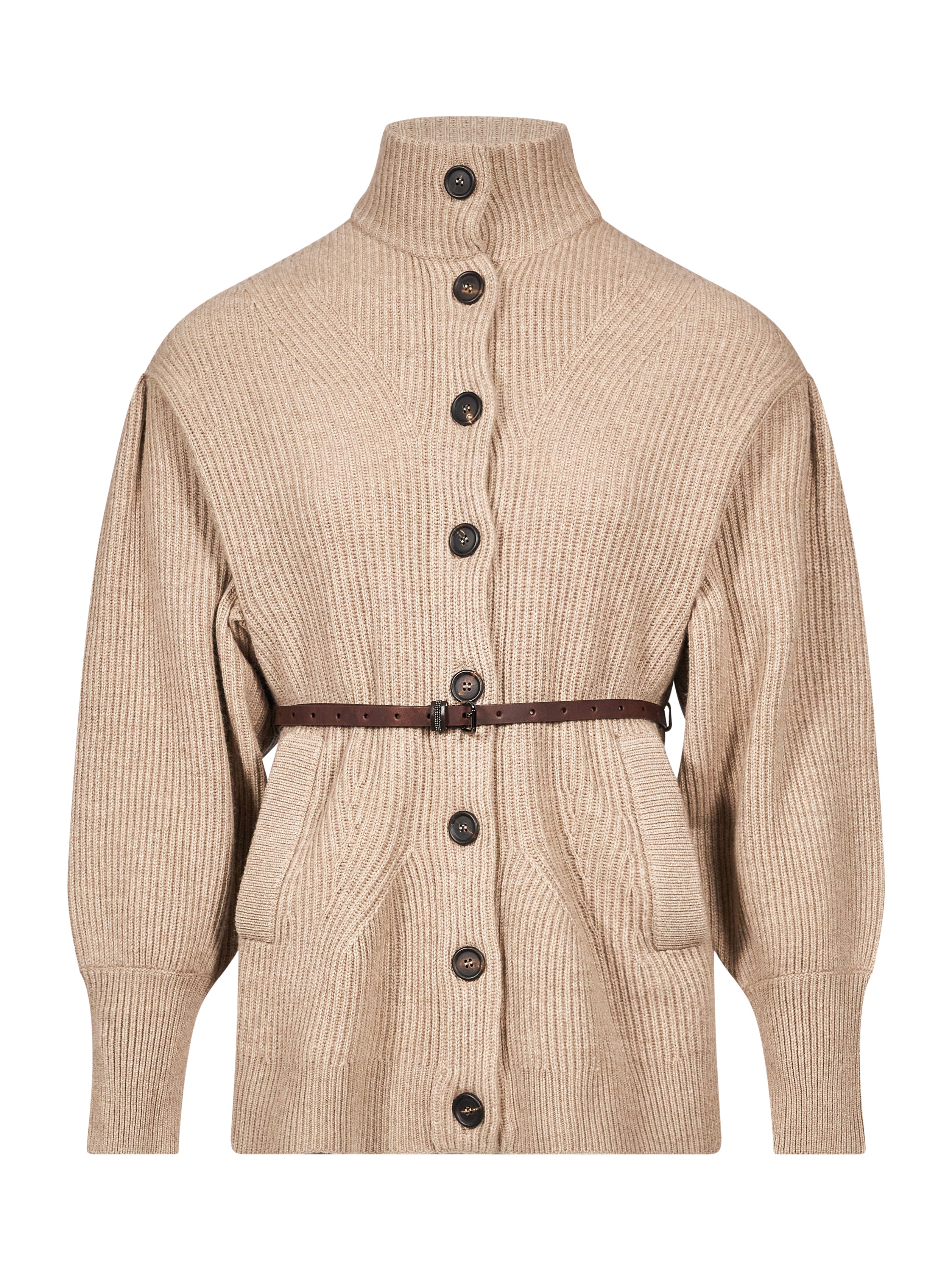 Cardigan a coste con cintura in beige 