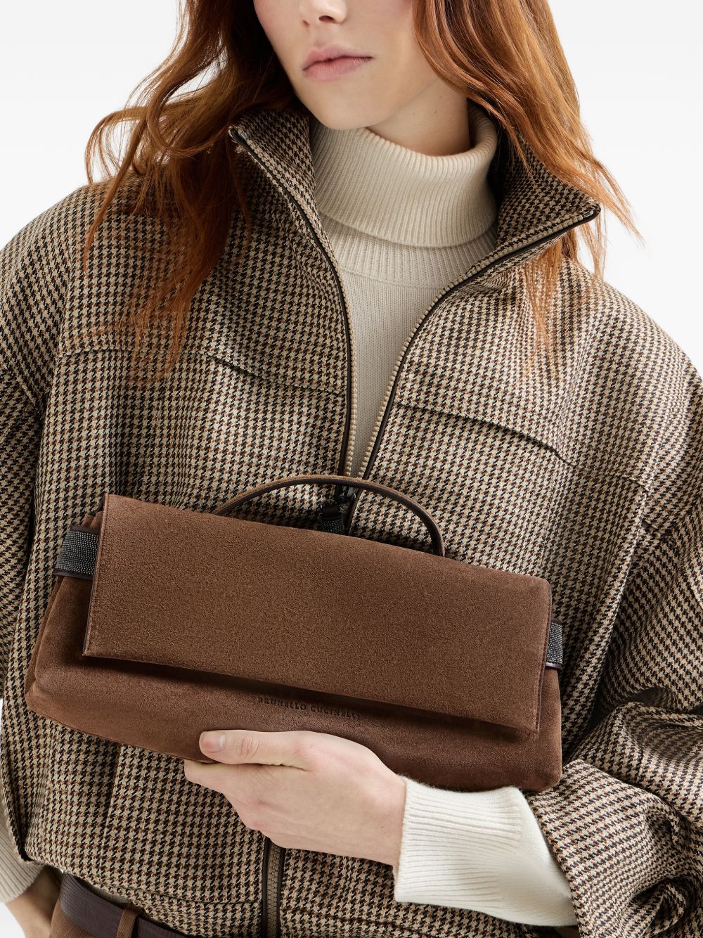 Clutch Essence in pelle scamosciata in marrone 