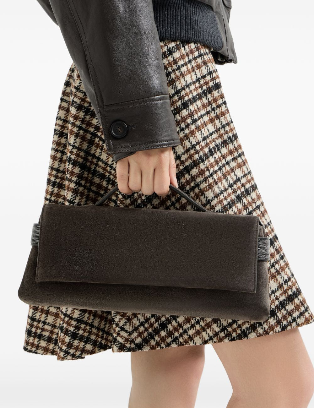 Clutch Essence in pelle scamosciata in marrone 