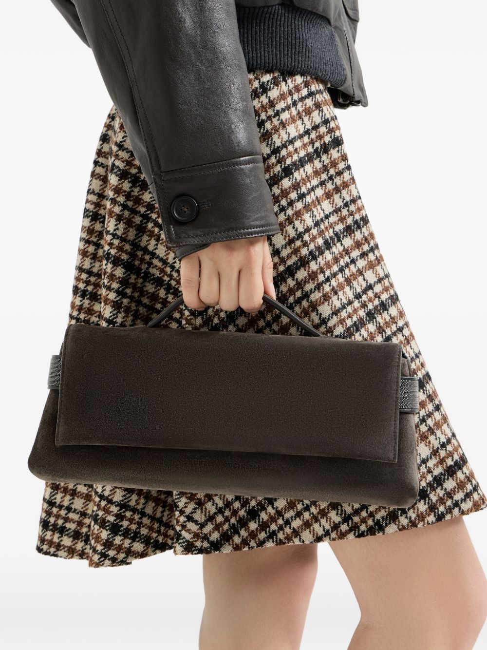 Clutch Essence in pelle scamosciata in marrone 