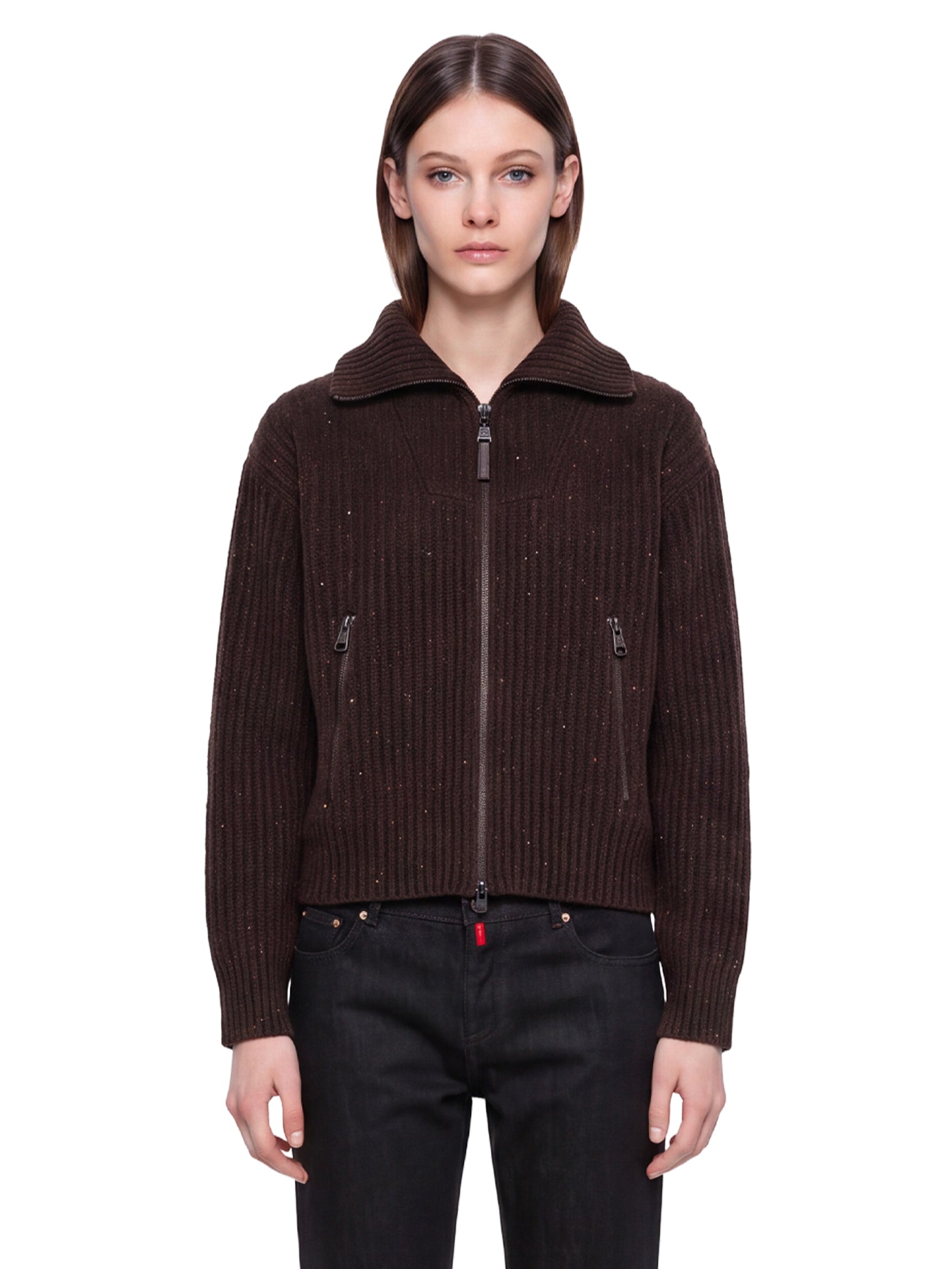 Maglione a coste con zip in marrone 