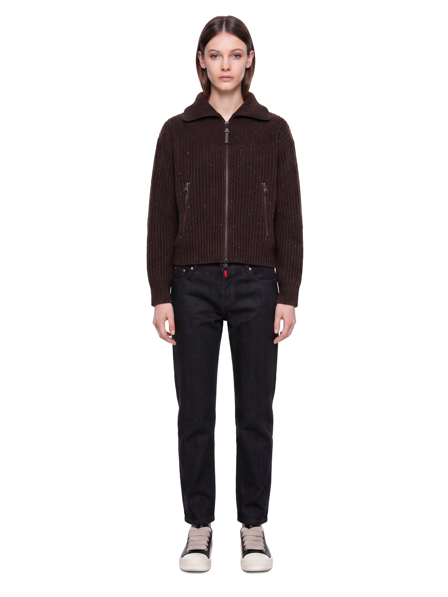 Maglione a coste con zip in marrone 