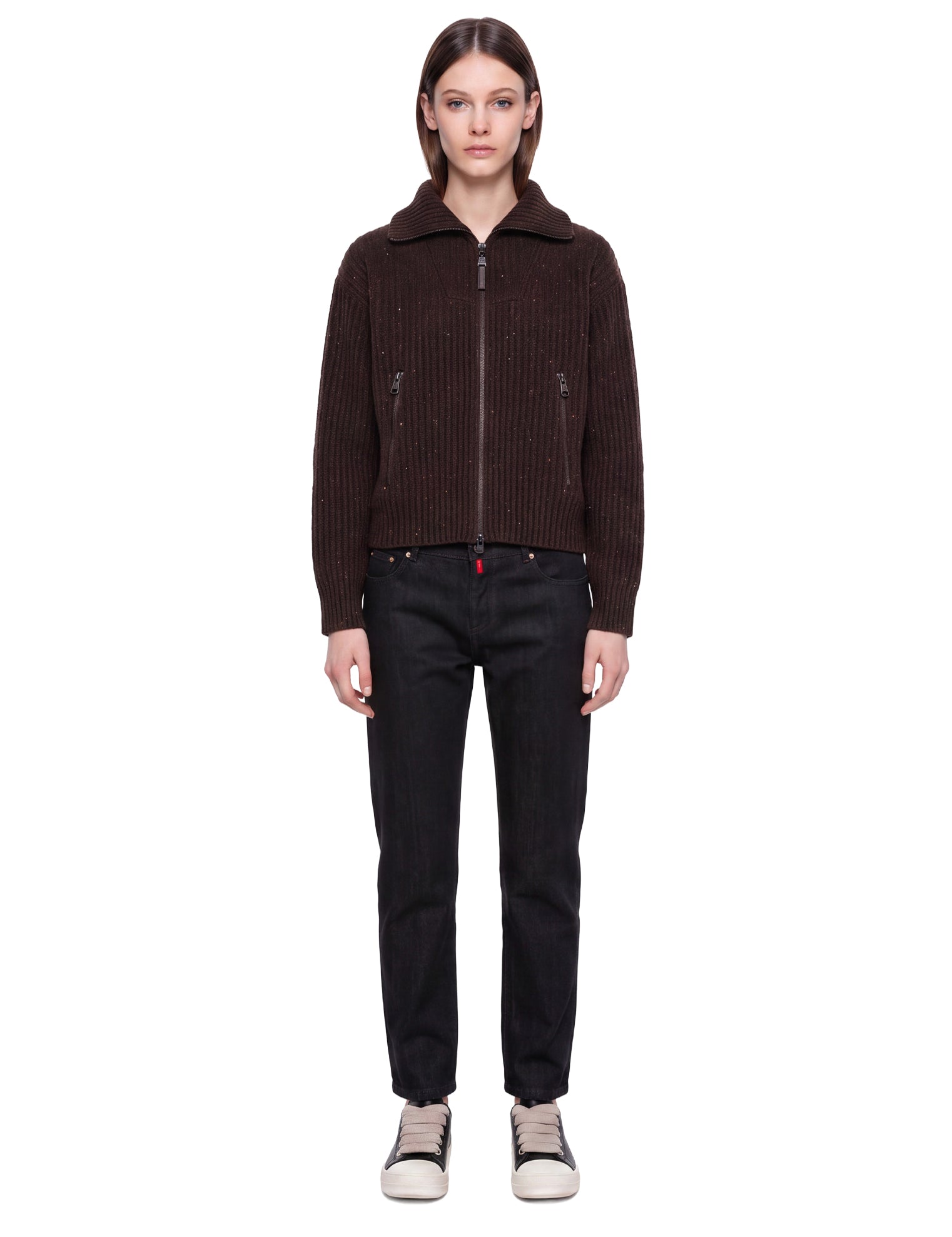 Maglione a coste con zip in marrone 