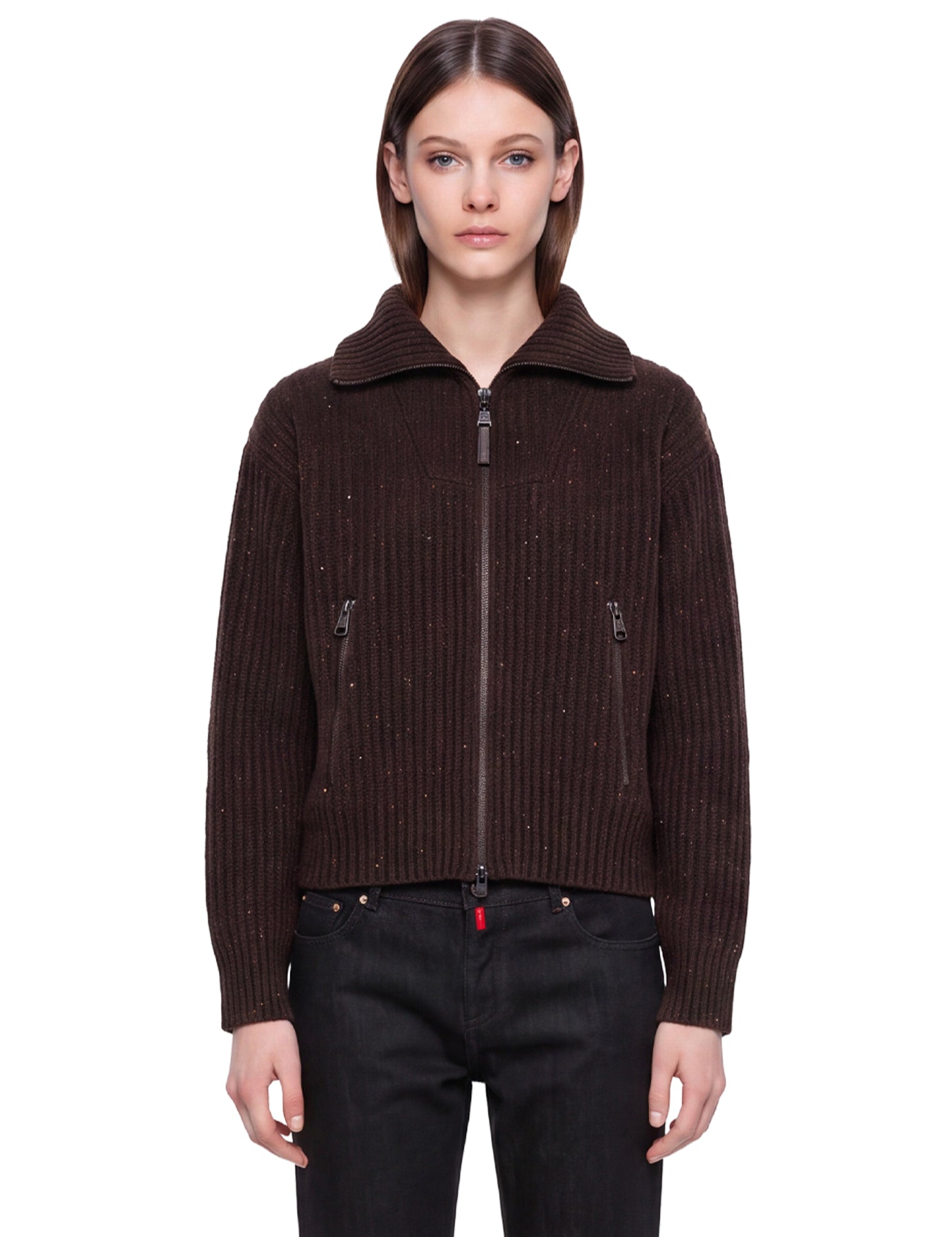 Maglione a coste con zip in marrone 
