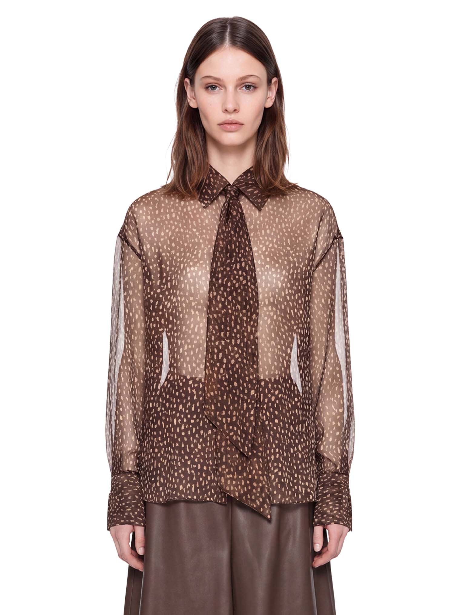 Blusa a pois con fiocco in marrone 