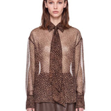 Blusa a pois con fiocco in marrone 