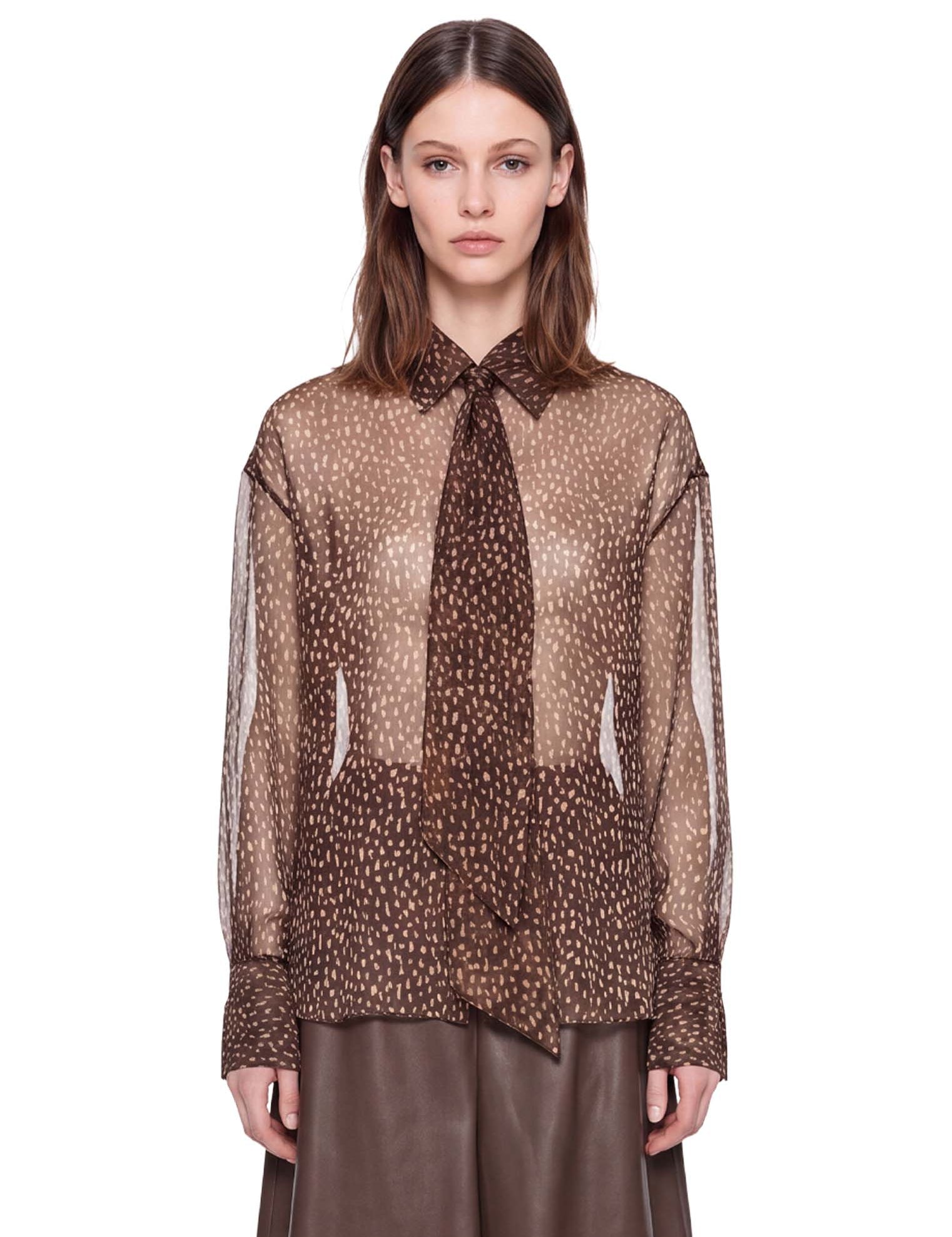 Blusa a pois con fiocco in marrone 
