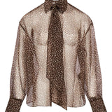 Blusa a pois con fiocco in marrone 