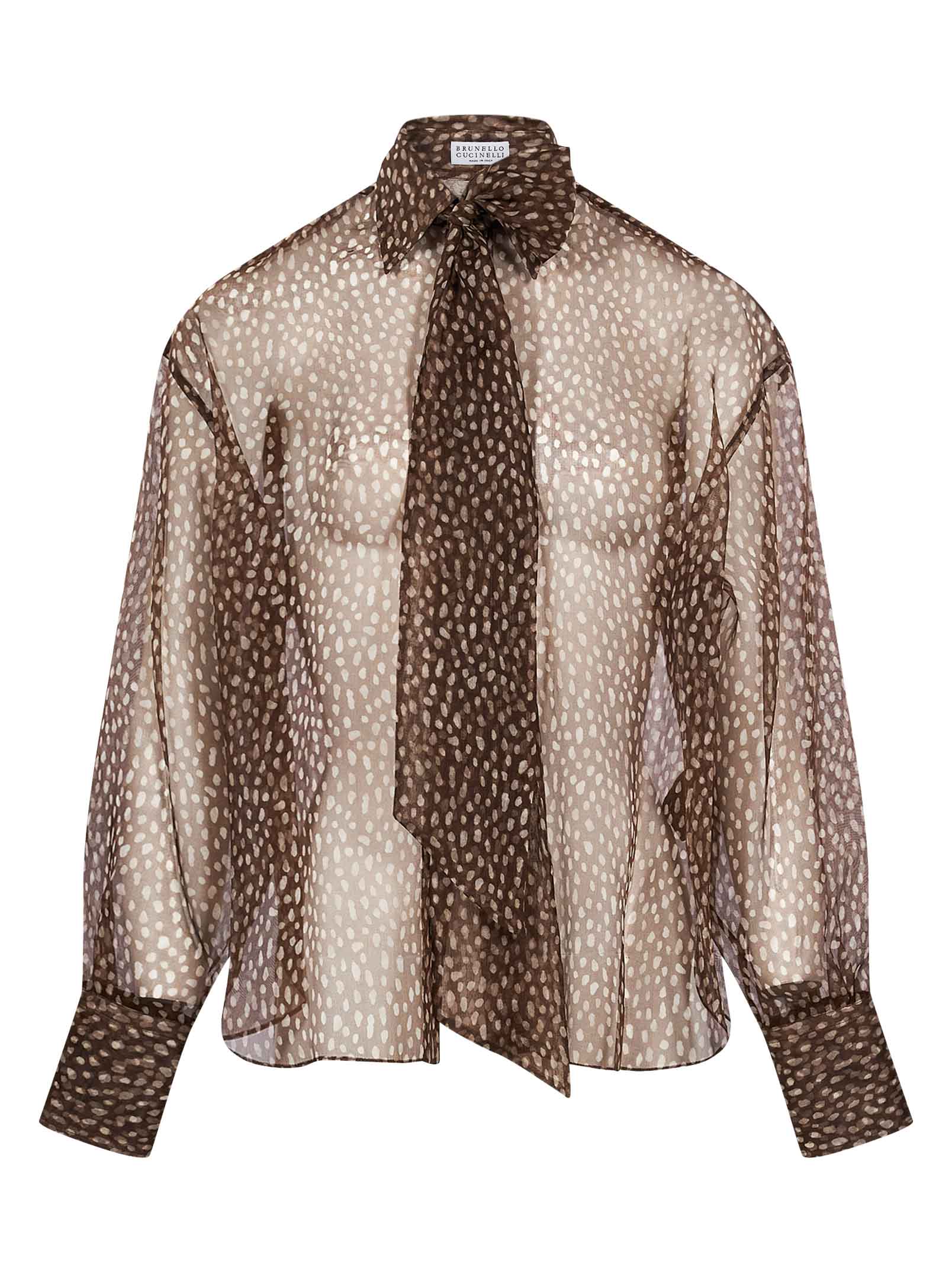 Blusa a pois con fiocco in marrone 