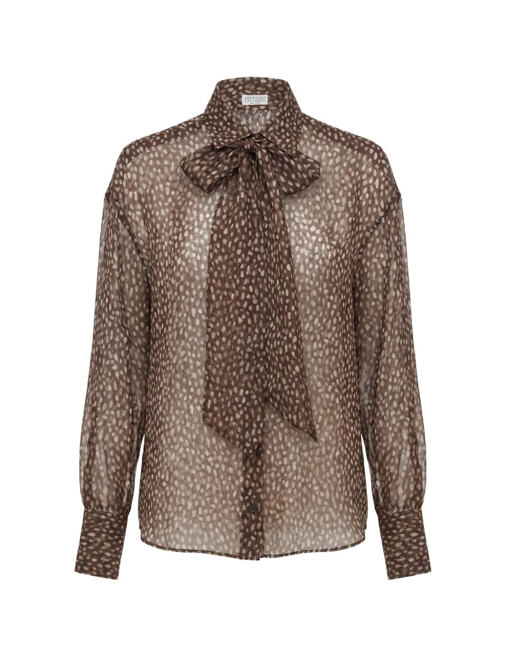 Blusa a pois con fiocco in marrone 