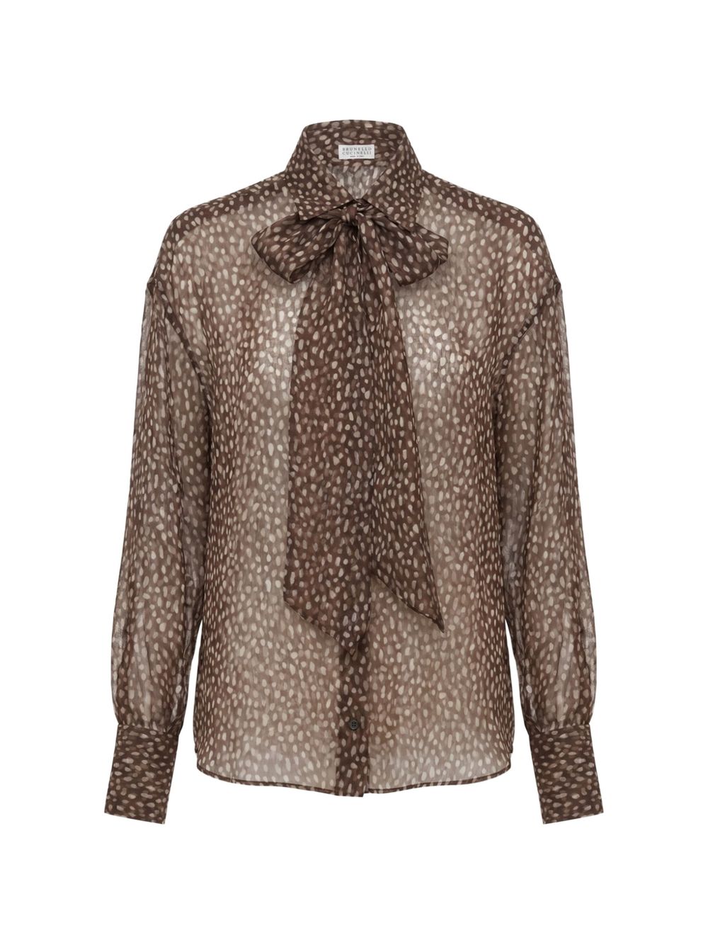 Blusa a pois con fiocco in marrone 
