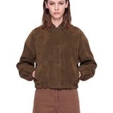 Giacca in pelle scamosciata con zip in marrone 