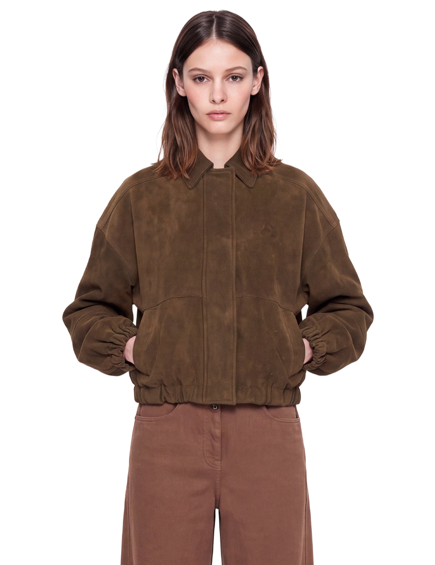 Giacca in pelle scamosciata con zip in marrone 