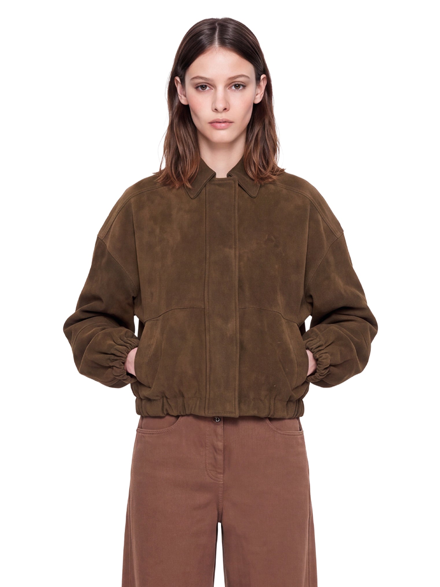 Giacca in pelle scamosciata con zip in marrone 