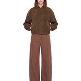 Giacca in pelle scamosciata con zip in marrone 