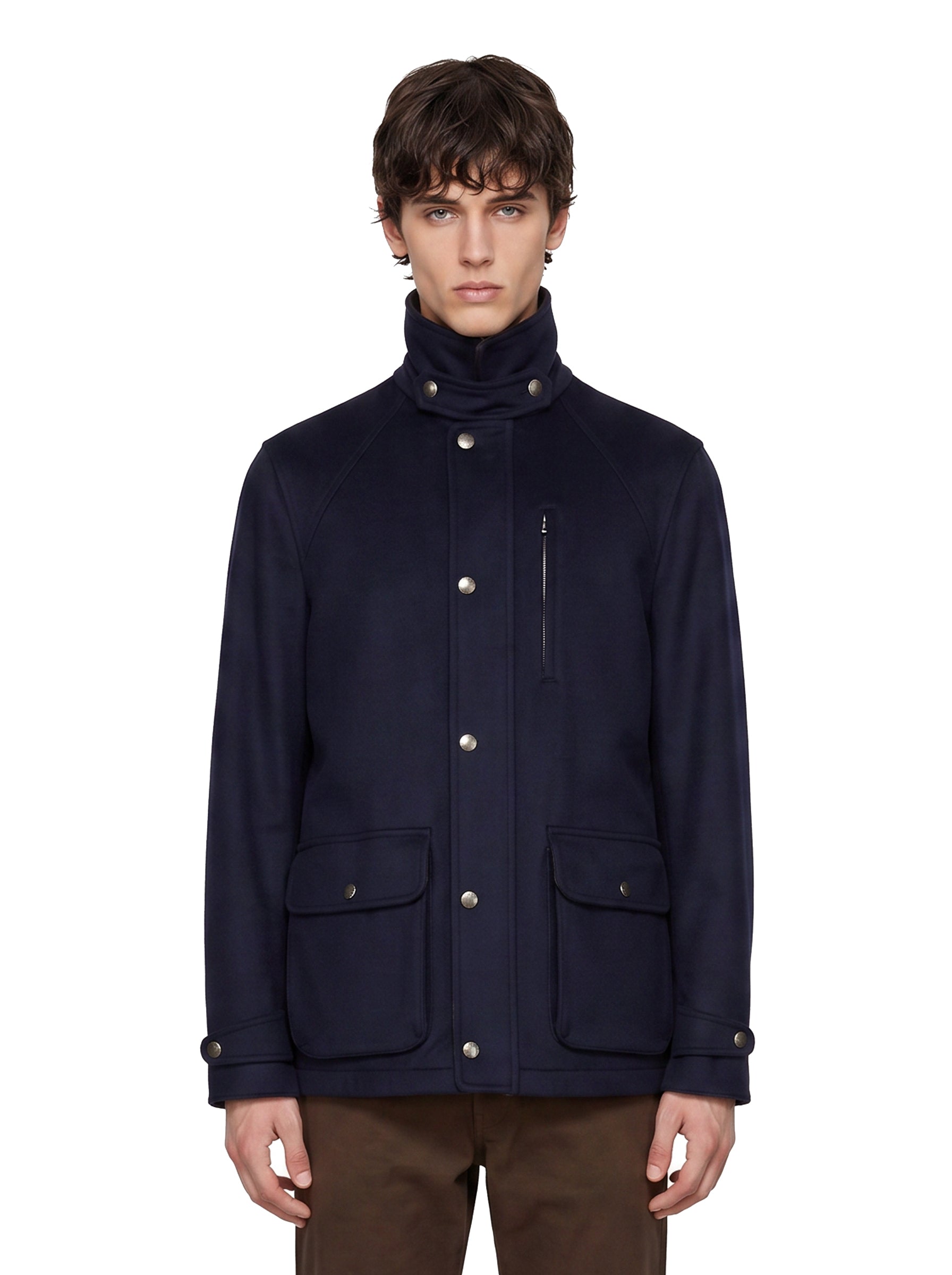 Giacca in lana vergine con inserti in nappa in blu 