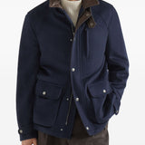 Giacca in lana vergine con inserti in nappa in blu 
